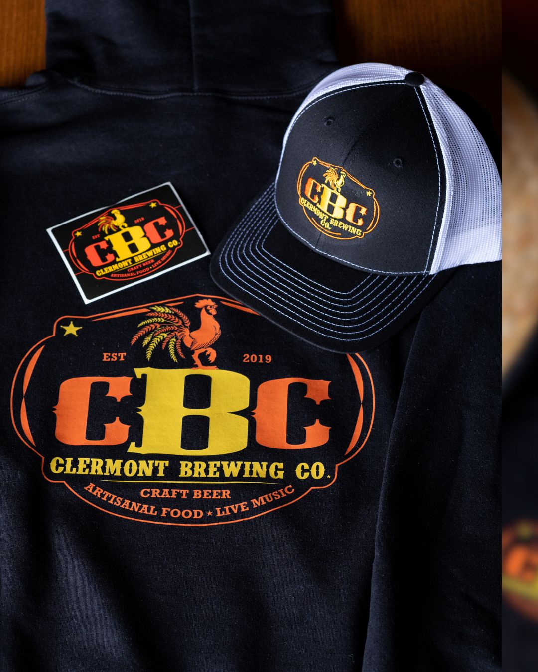 clermont brewing company merchandise, hat, sweatshirt, stick